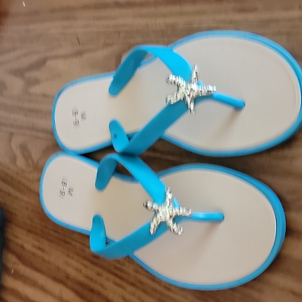 Bobbie Brooks Ladie's Flip Flops Starfish Foam Aqua Blue M (8-9)